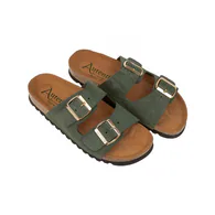 Sandalia Planas de Mujer Beis Marron Negro Gris y Verde con Doble Hebilla en Serraje Autenti 0747