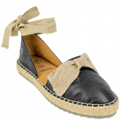 Alpargata Plana Negra de Piel con Lazo y Pulsera Top3 