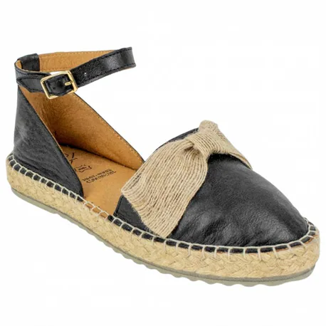 Alpargata Plana Negra de Piel con Lazo y Pulsera Top3 