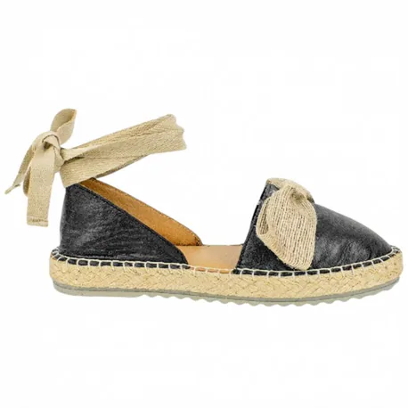 Alpargata Plana Negra de Piel con Lazo y Pulsera Top3 