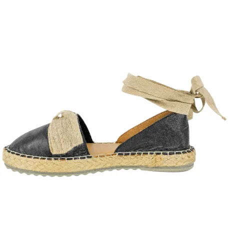 Alpargata Plana Negra de Piel con Lazo y Pulsera Top3 