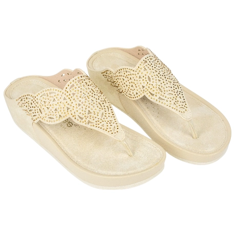 Sandalia Esclava Mujer con Cuña y Cristales Strass en Beige - Amarpies ABZ28663