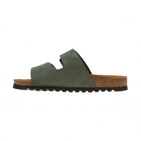 Sandalia Planas de Mujer Beis Marron Negro Gris y Verde con Doble Hebilla en Serraje Autenti 0747