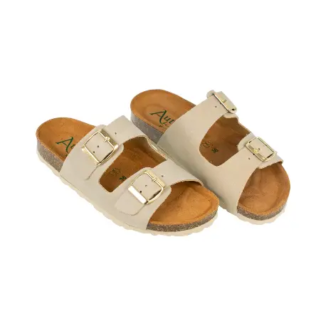 Sandalias Bio Planas de Piel Autenti para Mujer con Doble Hebilla - 11096