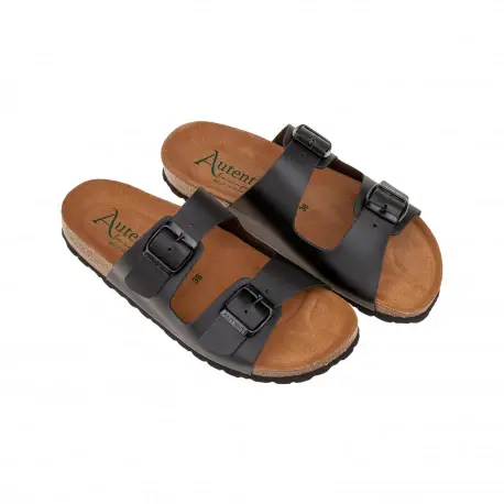 Sandalias Bio Planas de Piel Autenti para Mujer con Doble Hebilla - 11096