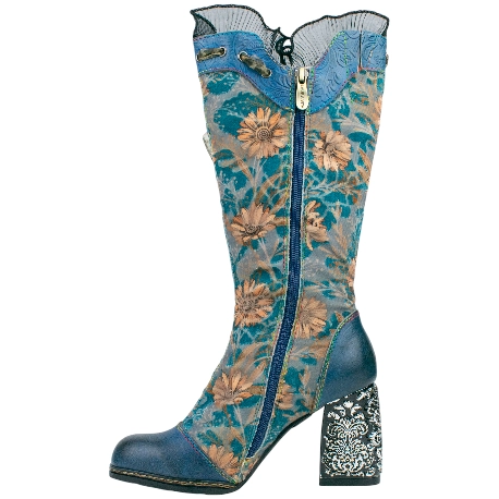 Bota Mujer Piel Terciopelo Estampado Tacón Alto Brocado Laura Vita KINOAO 45