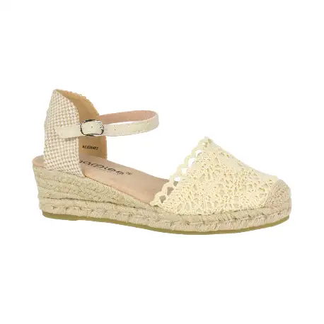 Cuña Esparto  Amarpies de Mujer Verano Croche Beis y Negro 3 Cuerdas ACX26482