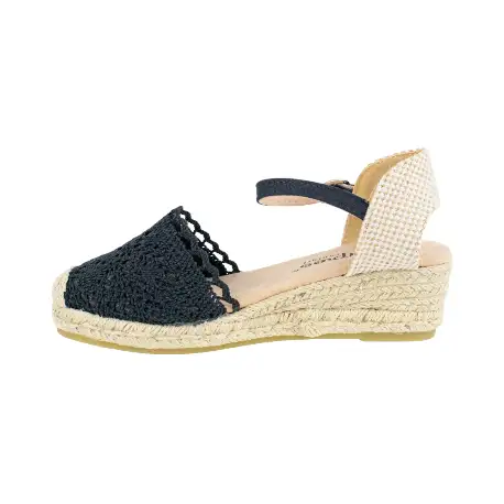 Cuña Esparto  Amarpies de Mujer Verano Croche Beis y Negro 3 Cuerdas ACX26482