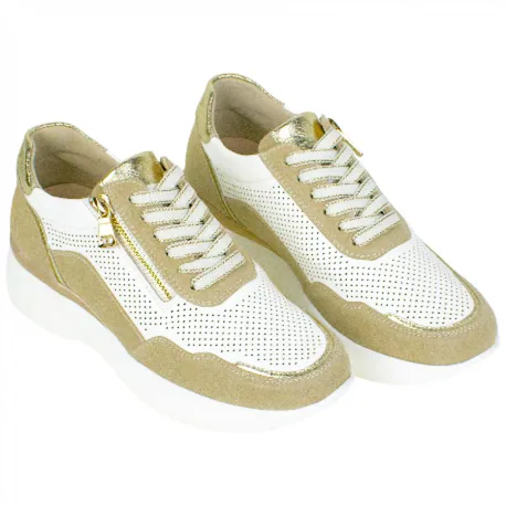 Zapatilla Urbana Piel Blanco Cuña Media Cordón y Cremallera Plantilla Extraíble Amarpies AMD30258