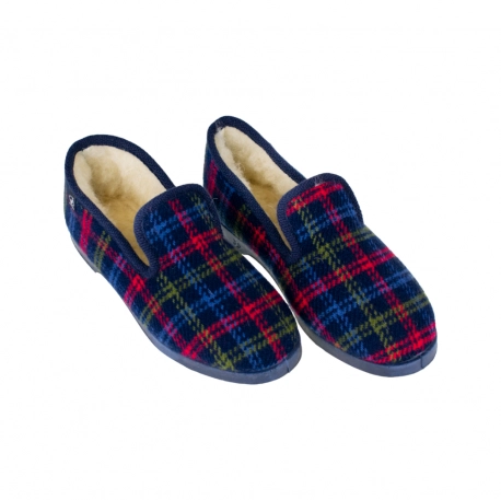 Zapatillas de Mujer de Estar por Casa Invierno Cerradas Azul Estampado a Cuadros Forro Lana de Oveja Javer 120