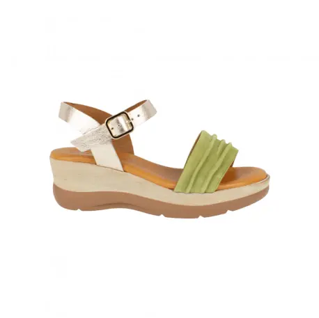 Sandalia Mujer Beige Verde Piel Plisada con Cuña Plantilla Gel Kaola 1453