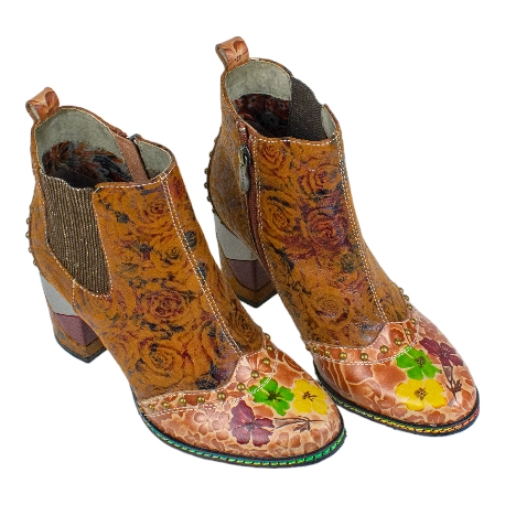 Botines Chelsea de Piel con Estampado Floral y Tacón Geométrico - Laura Vita MAEVAO 05