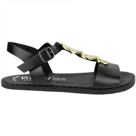 Sandalia Barefoot Piel Negra Mujer con Adornos Metálicos Dorados Vivant Bali