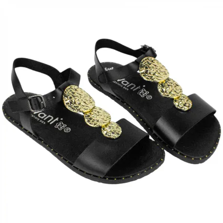 Sandalia Barefoot Piel Negra Mujer con Adornos Metálicos Dorados Vivant Bali