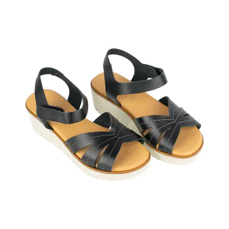 Sandalias Casuales Piel Negro Plata Cuña Corte Mariposa Velcro Kaola 2449