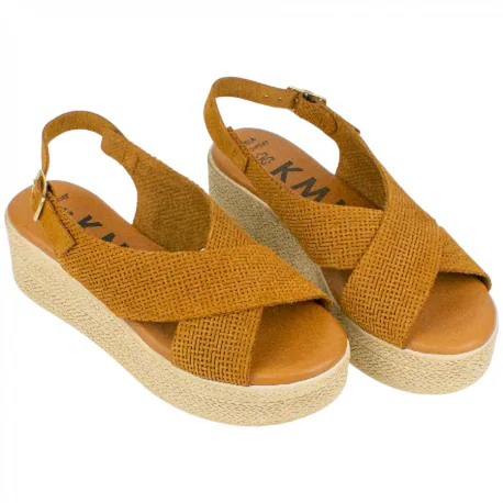 Sandalia Cuña Media Piel Grabada Tiras Cruzadas plantilla de gel KMN 38358