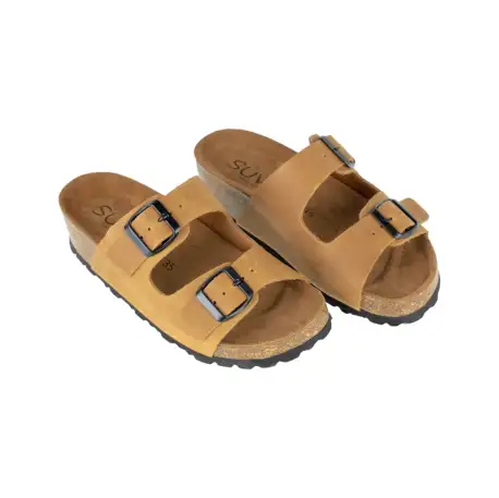 Sandalias Bio de Piel para Mujer con Doble Hebilla y Cuña de Corcho - Suver 130015