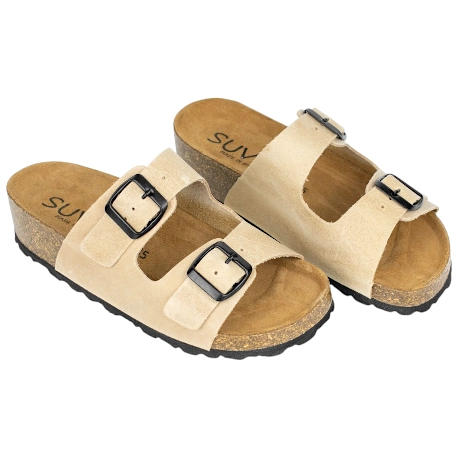 Sandalias Bio de Piel para Mujer con Doble Hebilla y Cuña de Corcho - Suver 130015