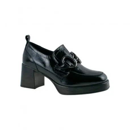 Mocasin Mujer en Charol Negro Beige con Tacon Cuadrado y Plataforma Wikers E-138