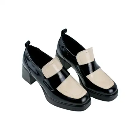 Zapato Mocasín de Tacón Cuadrado y plataforma Negro y Beige con Copete Wikers E-140