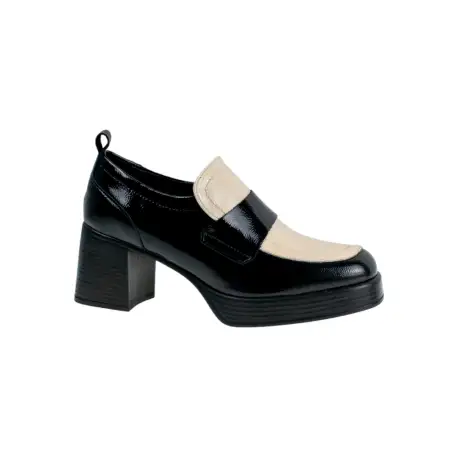 Zapato Mocasín de Tacón Cuadrado y plataforma Negro y Beige con Copete Wikers E-140