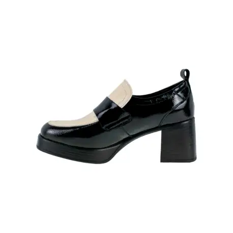 Zapato Mocasín de Tacón Cuadrado y plataforma Negro y Beige con Copete Wikers E-140