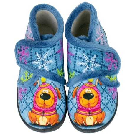 Zapatilla Bota Niños Plana Azul Perro Gorro Plumaflex 12003
