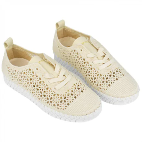 Zapato Cordón Bordado Beis Mujer Plano  Amarpies AOG30091