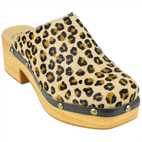 Zueco Tacón Mujer Piel Animal Print Leopardo Punta Cuadrada Help The Trees 7768410